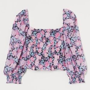 H&M Short Smocked Blouse square neckline Sheer smock flowers crop top